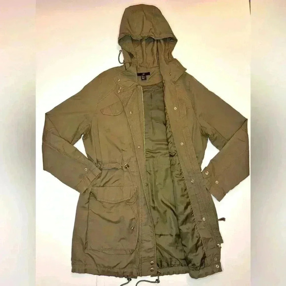 H&M Womens  Jacket Hooded Full Zip Tie Waist Adjustable Army Green Size- Medium - Picture 11 of 12